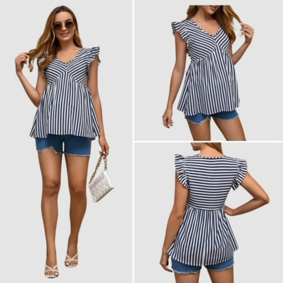 SHEIN Maternity Ruffled Sleeve Peplum Top Blue & White Striped, NWOT-Size Small - Picture 7 of 7